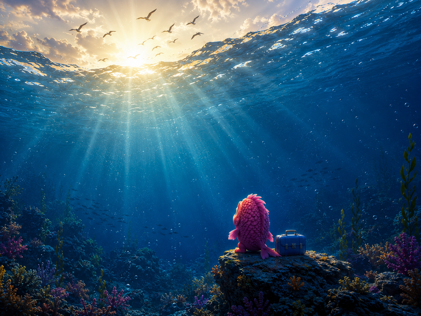 A small pink fish sitting beside a blue briefcase and looking towards sunlight above the ocean