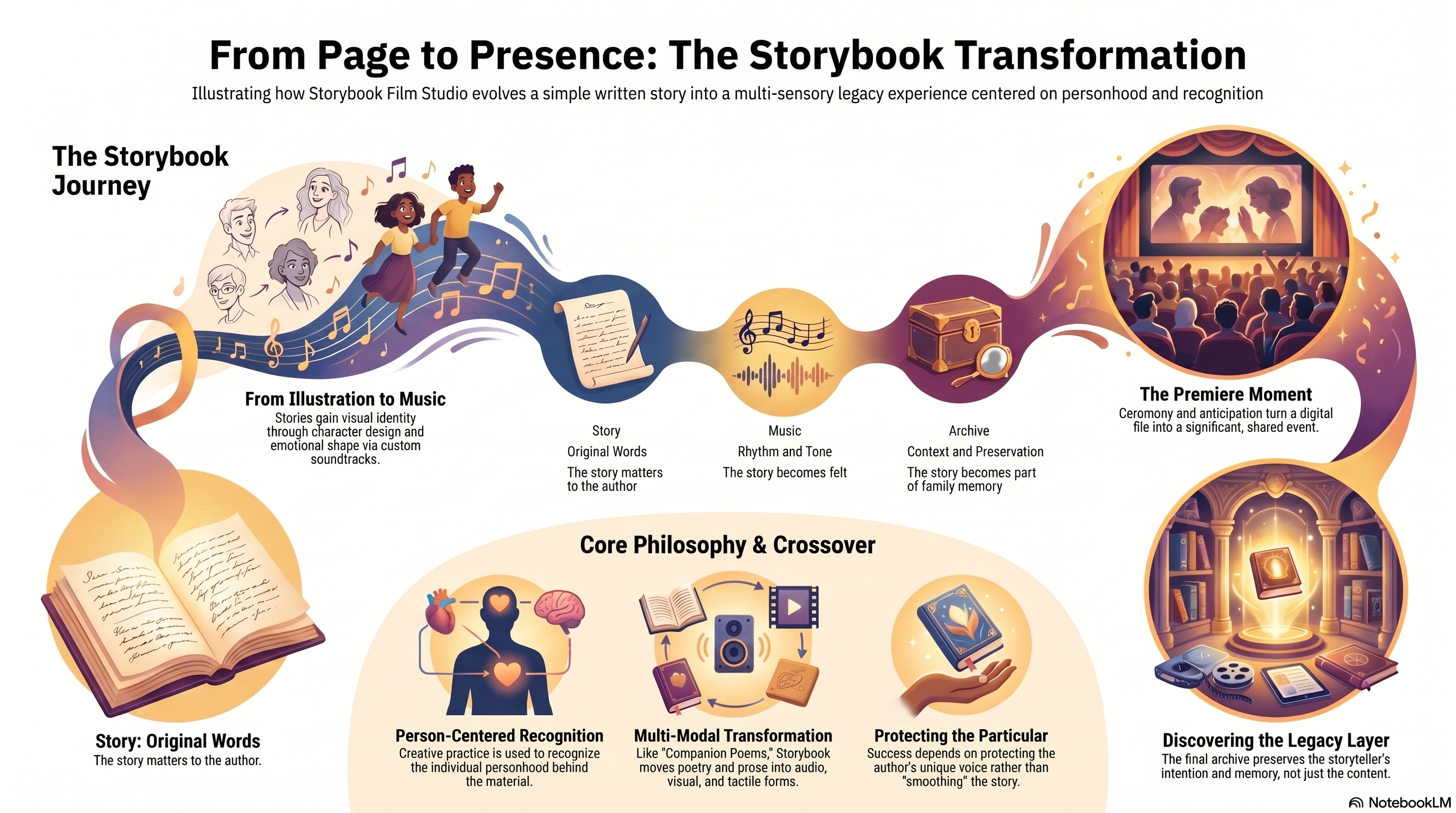 Conceptual Storybook model connecting story, music, archive, premiere and person-centred recognition.